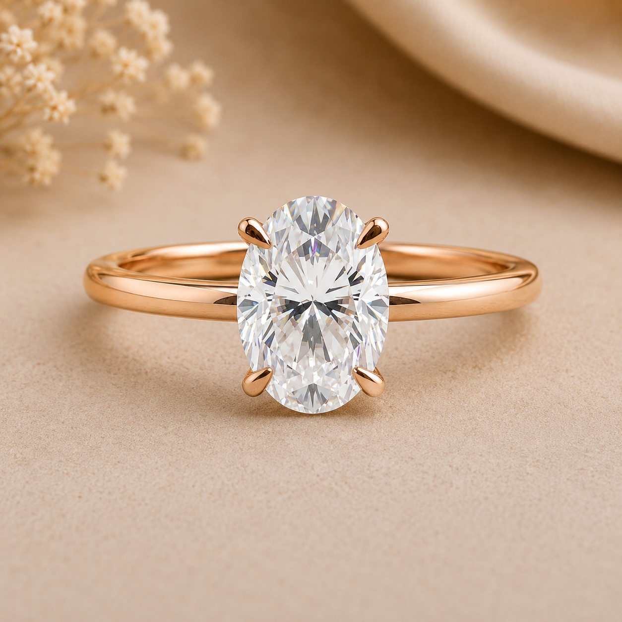 Hidden Halo Oval Cut Lab Grown Diamond Solid Gold Ring
