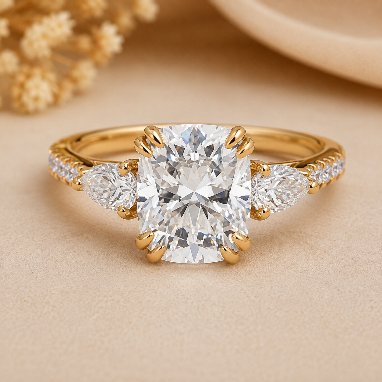 Elongated Cushion Cut Three Stone Engagement Gold Ring