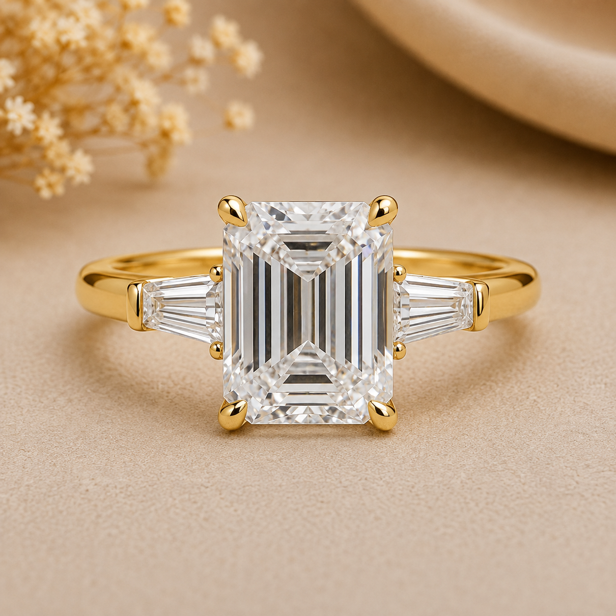 Emerald Cut Lab Diamond Three Stone Yellow Gold Ring