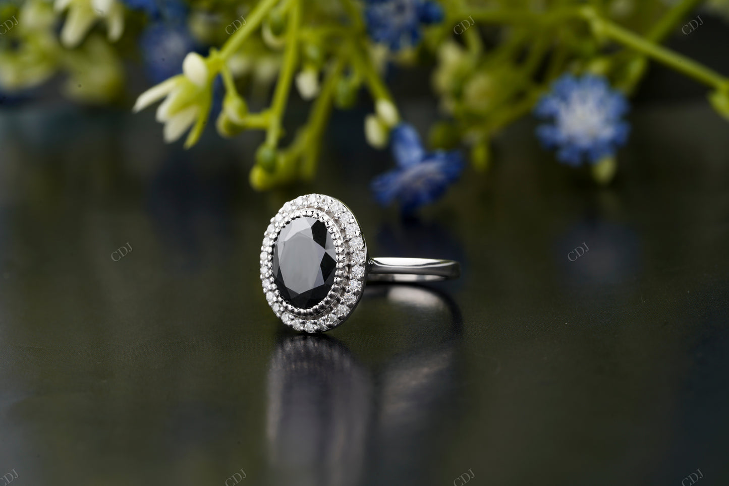 Black Diamond Oval Halo Statement Ring