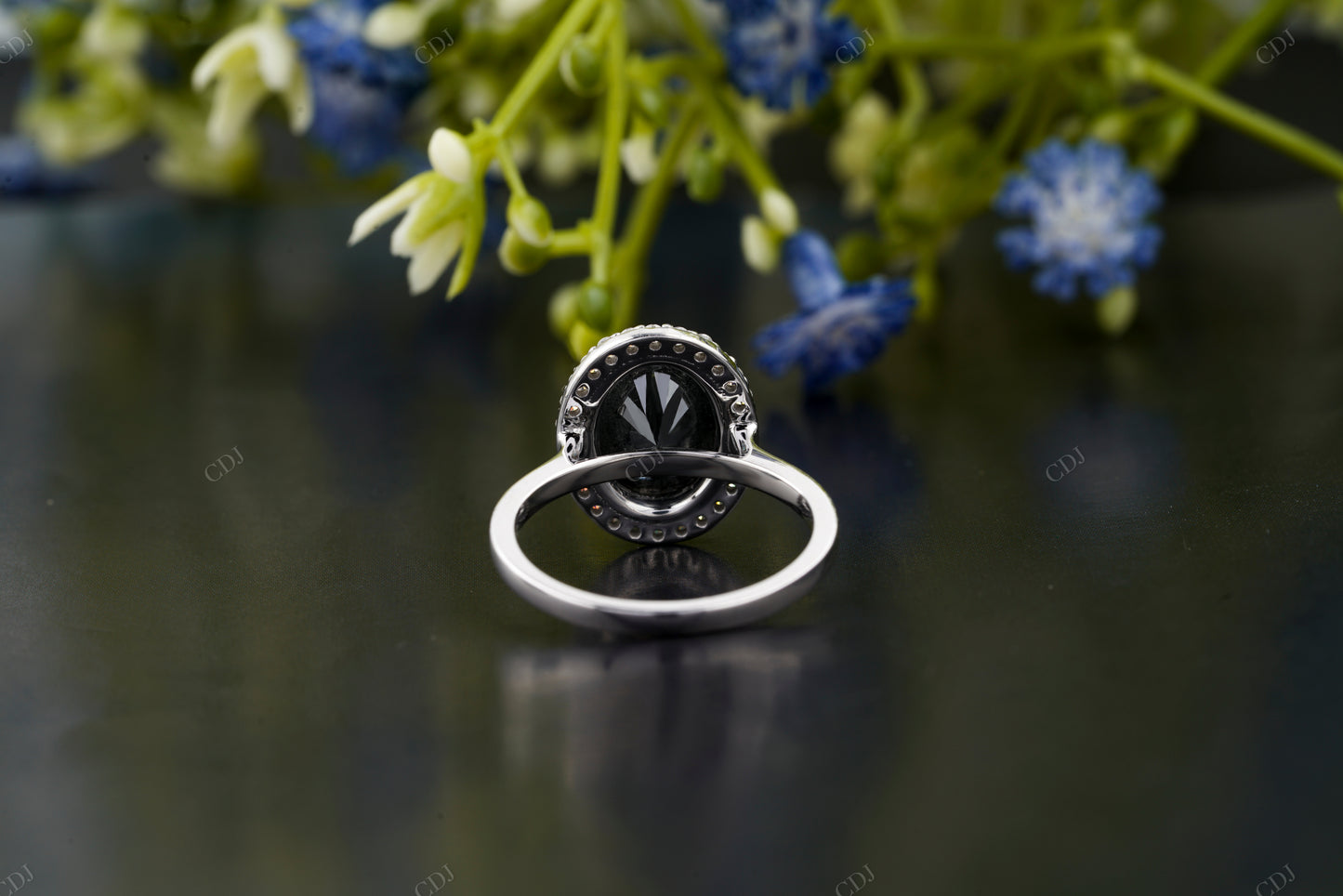 Black Diamond Oval Halo Statement Ring