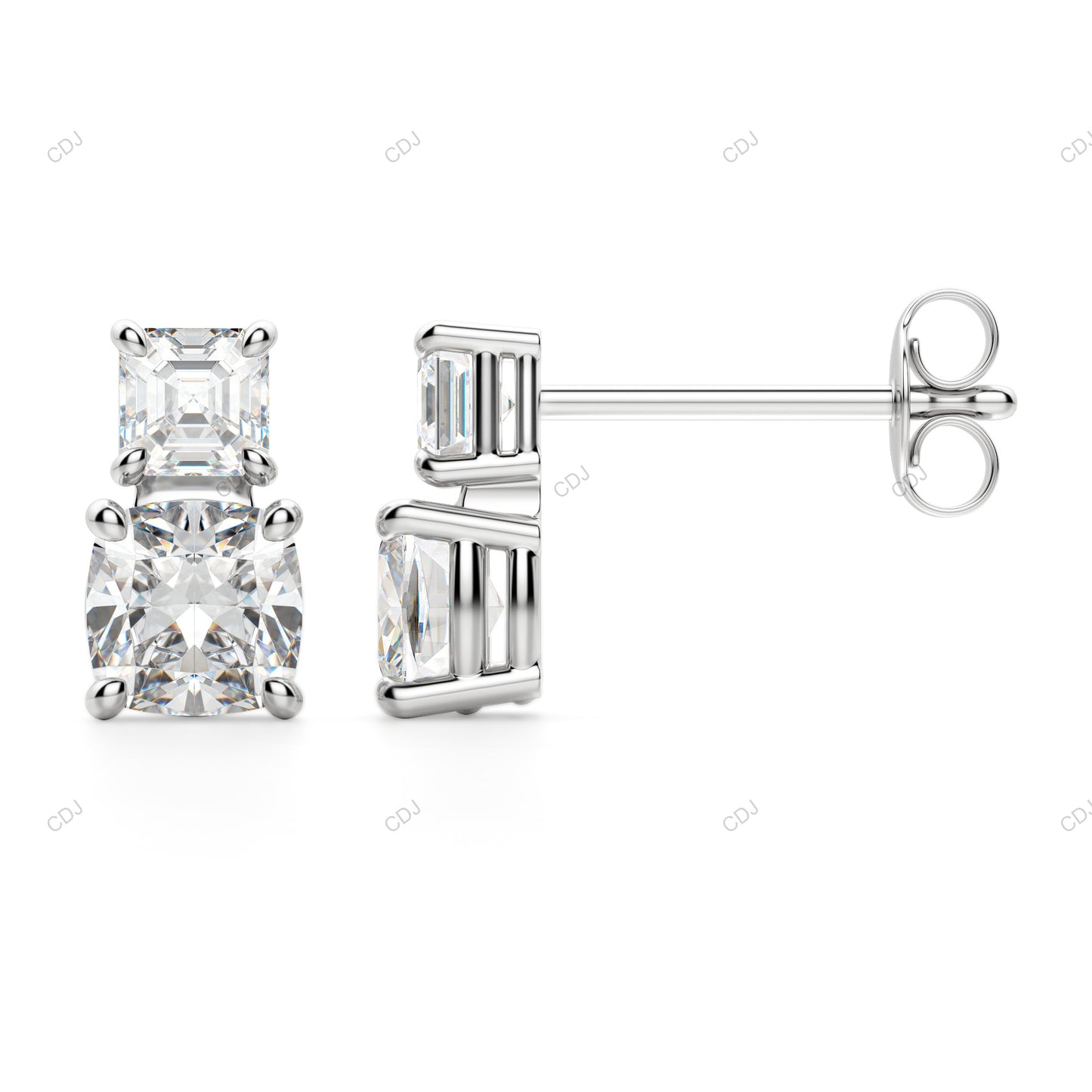 Asscher Cut Lab Grown Diamond Pushback Gold Stud Earrings