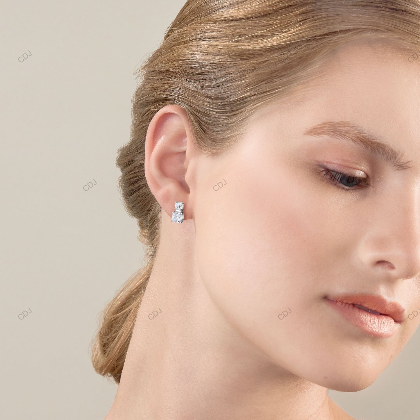 Asscher Cut Lab Grown Diamond Pushback Gold Stud Earrings