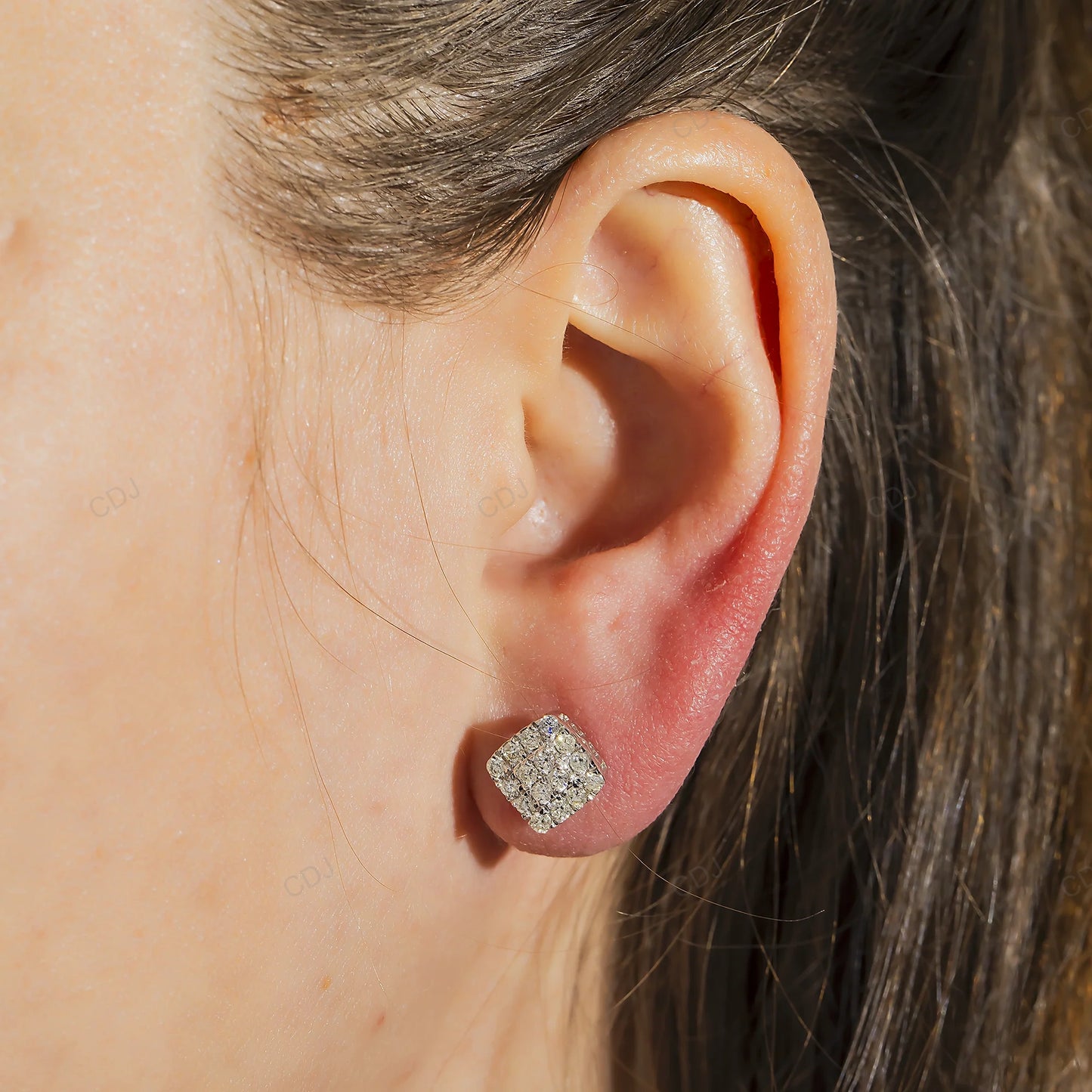 Custom Lab Grown Diamond Square Cluster Gold Earrings