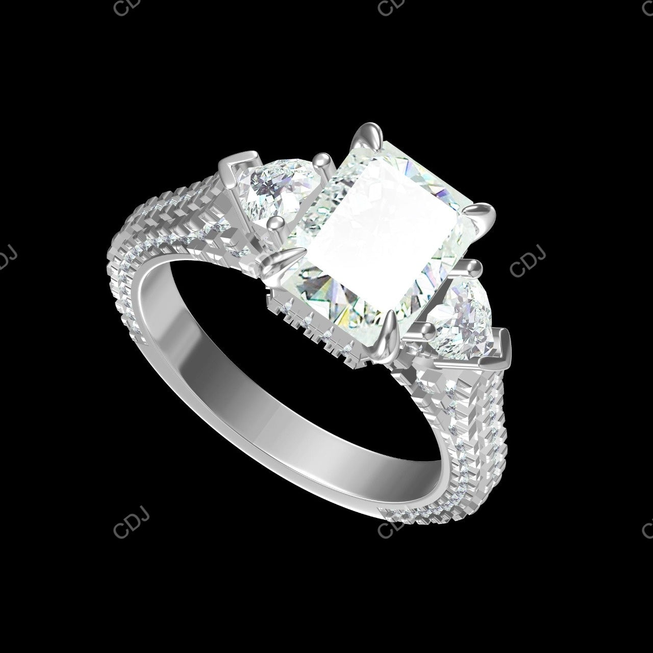 3.85 CTW 10K White Gold Three-Stone Pave Engagement Ring
