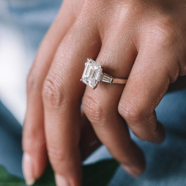 Emerald Cut Lab Diamond Three Stone Yellow Gold Ring