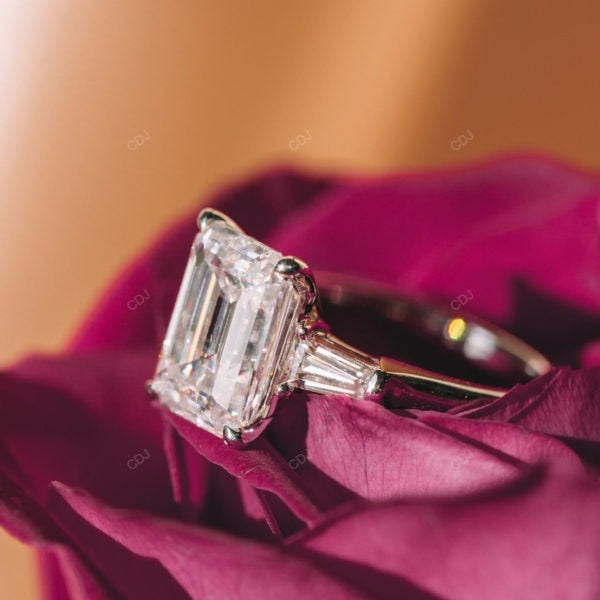 Emerald Cut Lab Diamond Three Stone Yellow Gold Ring