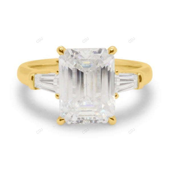 Emerald Cut Lab Diamond Three Stone Yellow Gold Ring