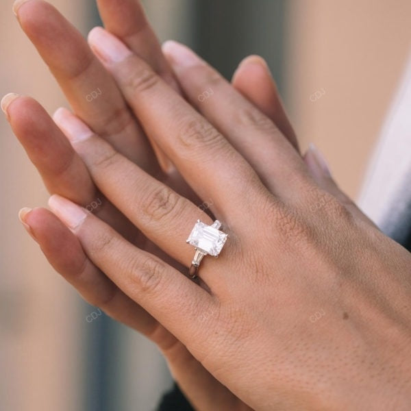 Emerald Cut Lab Diamond Three Stone Yellow Gold Ring