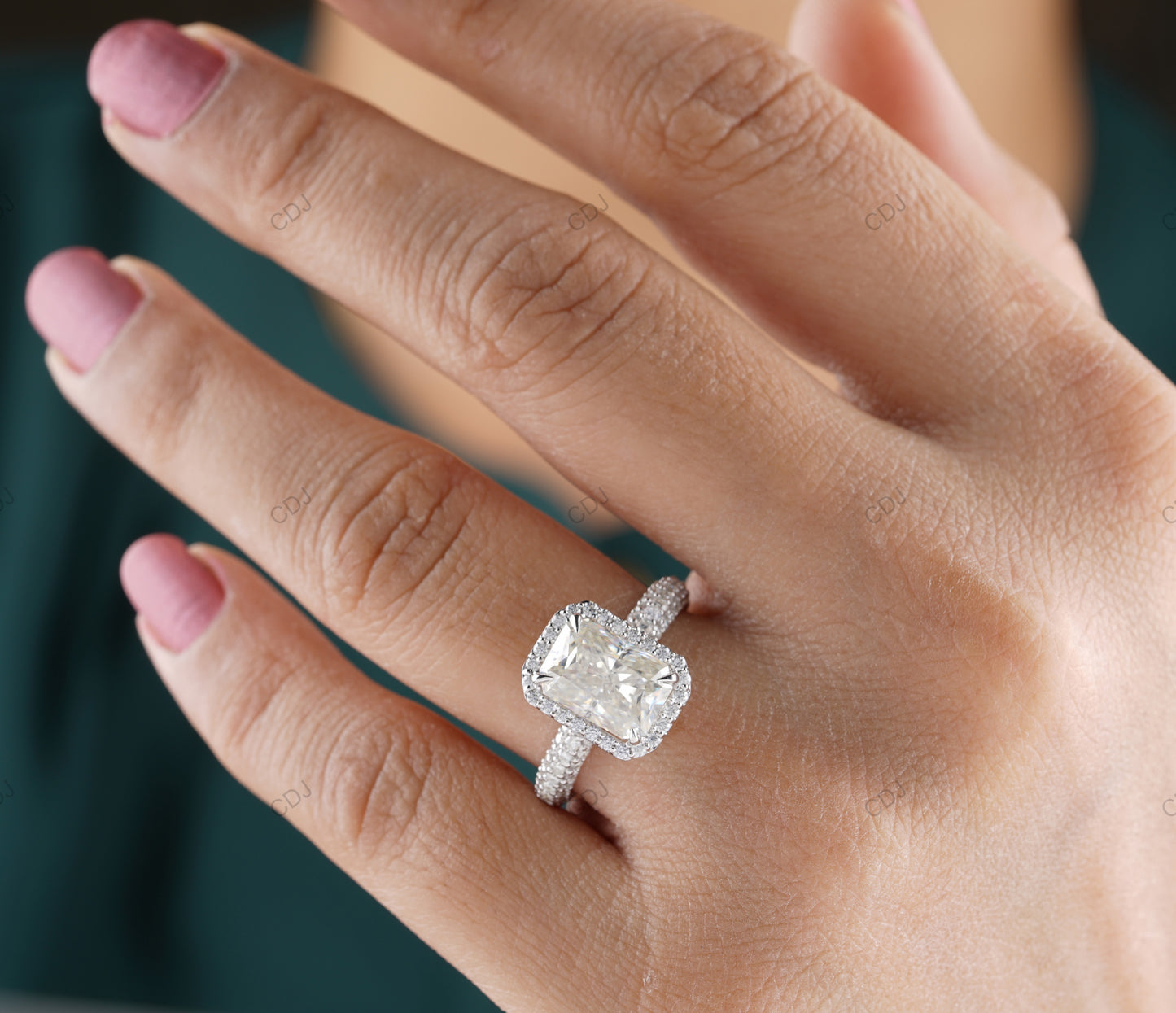 Emerald Cut Halo Lab Grown Diamond Pave Gold Ring