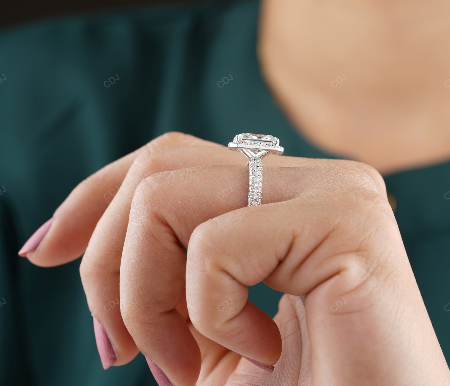 Emerald Cut Halo Lab Grown Diamond Pave Gold Ring