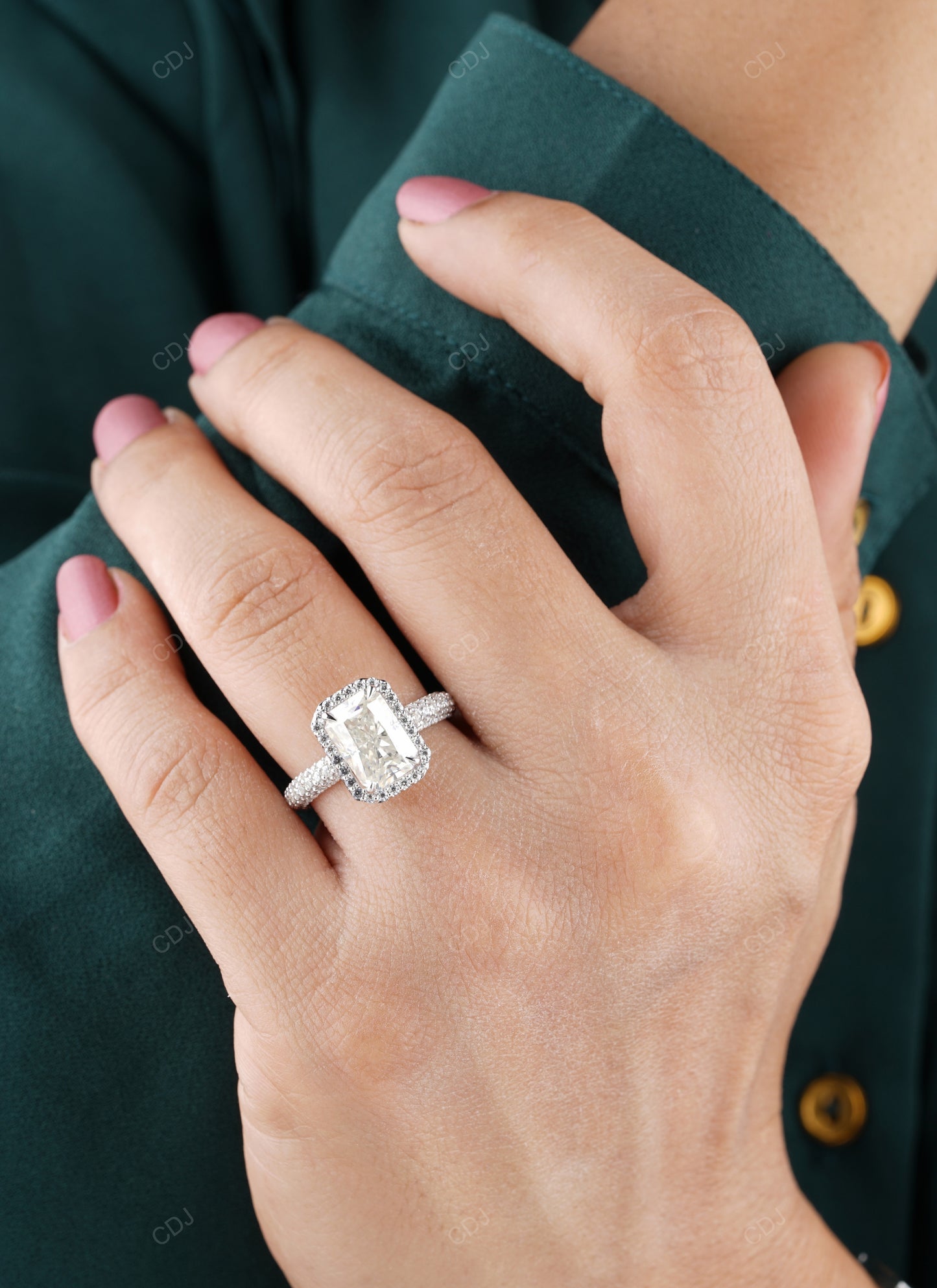 Emerald Cut Halo Lab Grown Diamond Pave Gold Ring