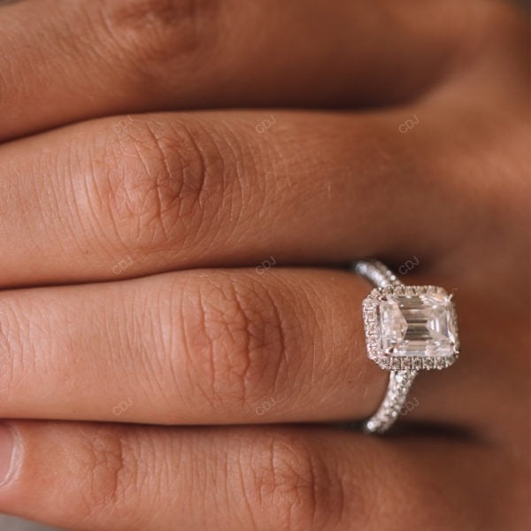 Emerald Cut Halo Lab Grown Diamond Pave Gold Ring