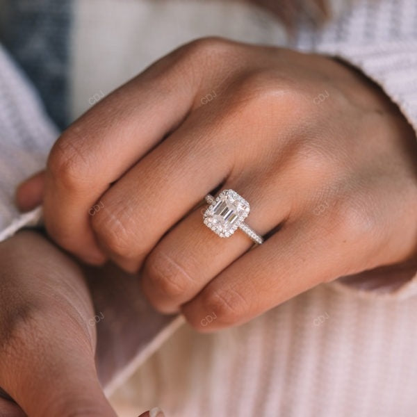 Emerald Cut Halo Lab Grown Diamond Pave Gold Ring