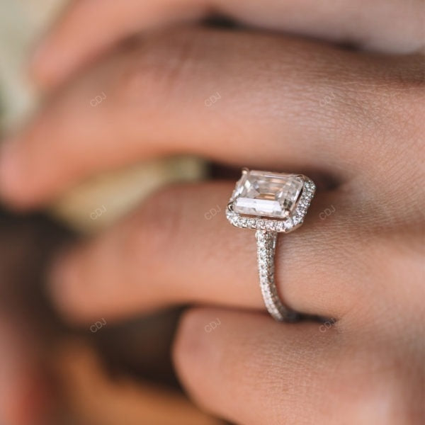 Emerald Cut Halo Lab Grown Diamond Pave Gold Ring