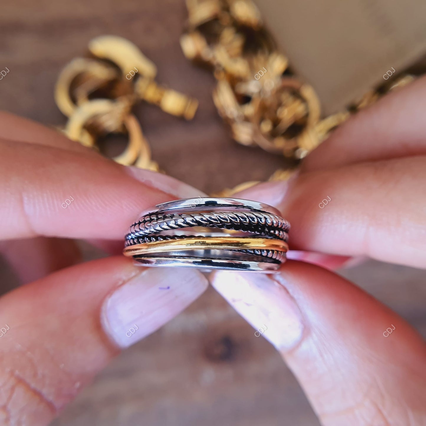 Two-Tone Sterling Silver and Yellow Gold Twisted Rope Spinner Ring