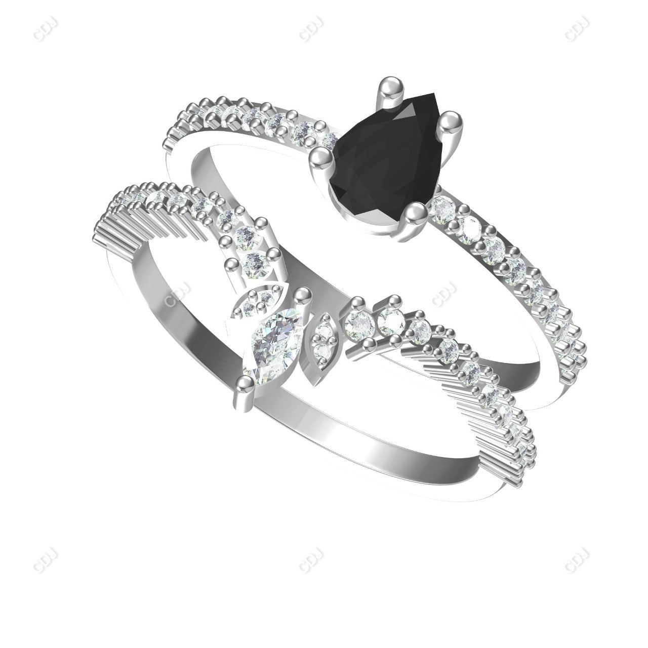 1.56 CTW Pear Cut Black Rutilated Moissanite Bridal Ring Set