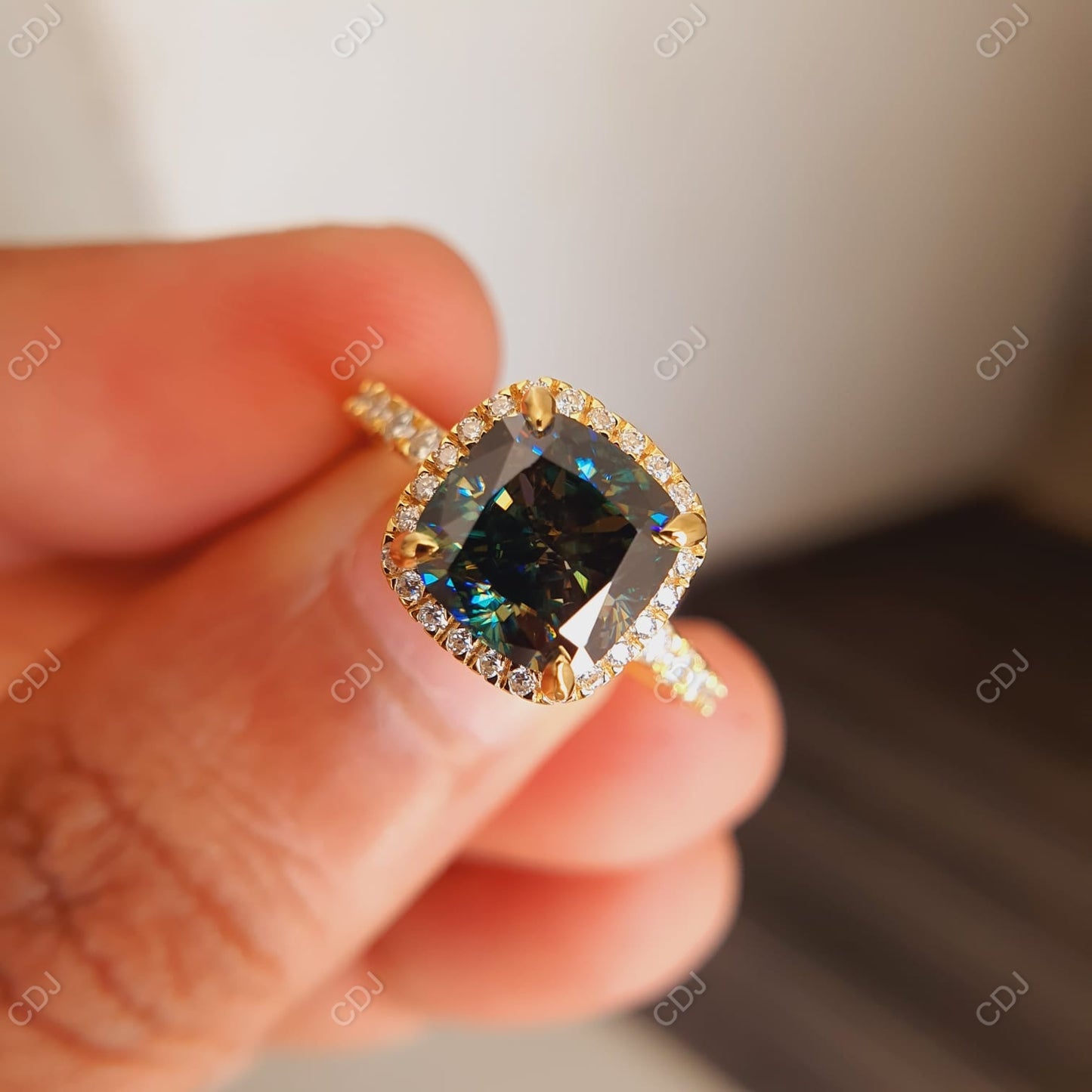 3.56 CTW Cushion Cut Blue Moissanite Halo Engagement Ring