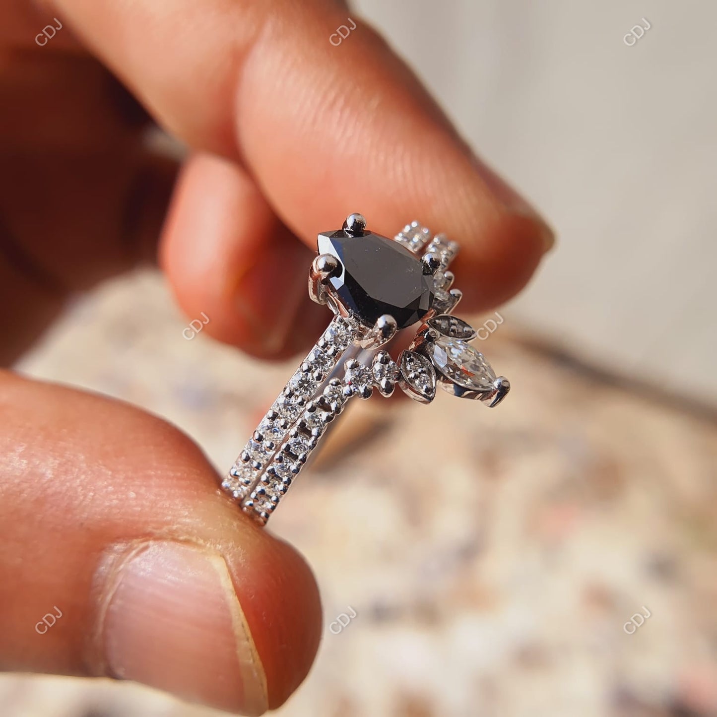 1.56 CTW Pear Cut Black Rutilated Moissanite Bridal Ring Set