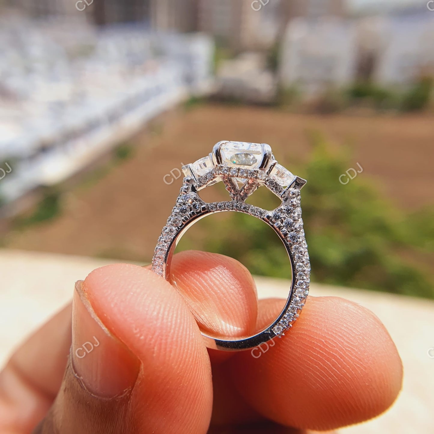 3.85 CTW 10K White Gold Three-Stone Pave Engagement Ring