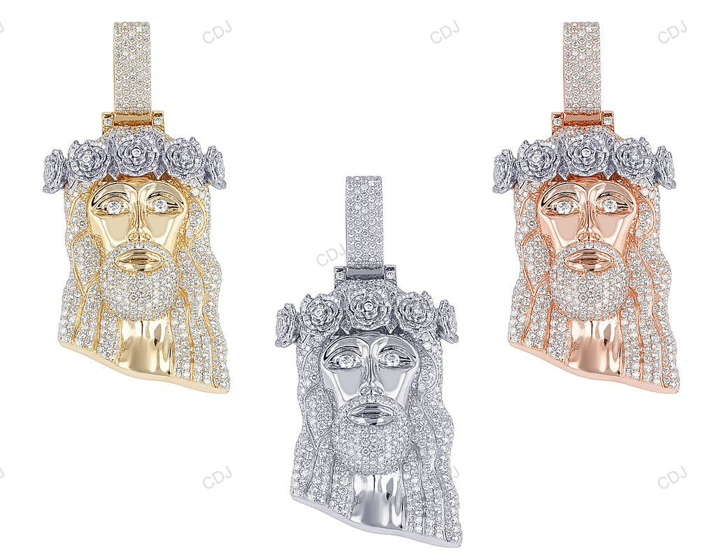 Crown Of Rose Lab Grown Diamond Gold Jesus Head Pendant hip hop jewelry CustomDiamJewel