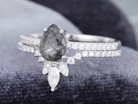 1.56 CTW Pear Cut Black Rutilated Moissanite Bridal Ring Set