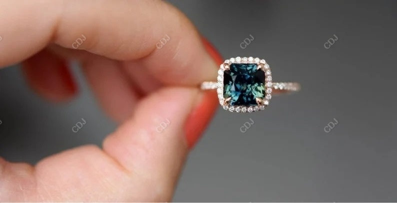 3.56 CTW Cushion Cut Blue Moissanite Halo Engagement Ring