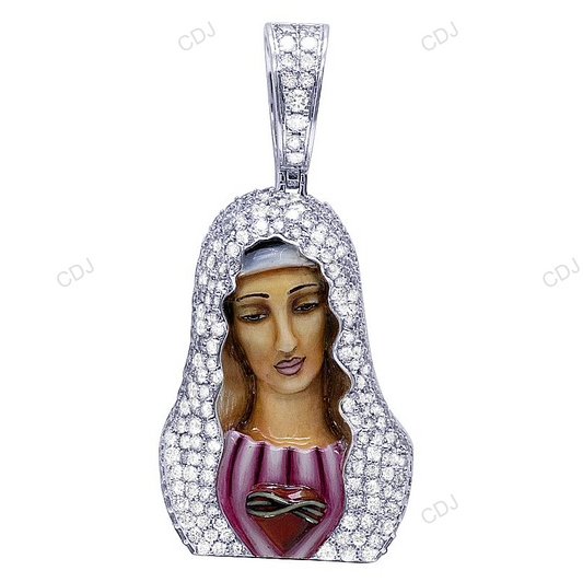 White Gold Enamel Mother Mary Lab Created Diamond Pendant hip hop jewelry CustomDiamJewel