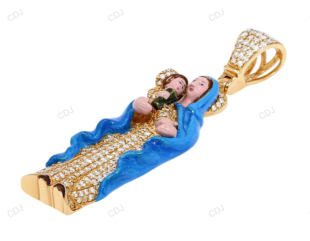 Mother Mary Blue Enamel CVD Diamond Yellow Gold Pendant hip hop jewelry CustomDiamJewel