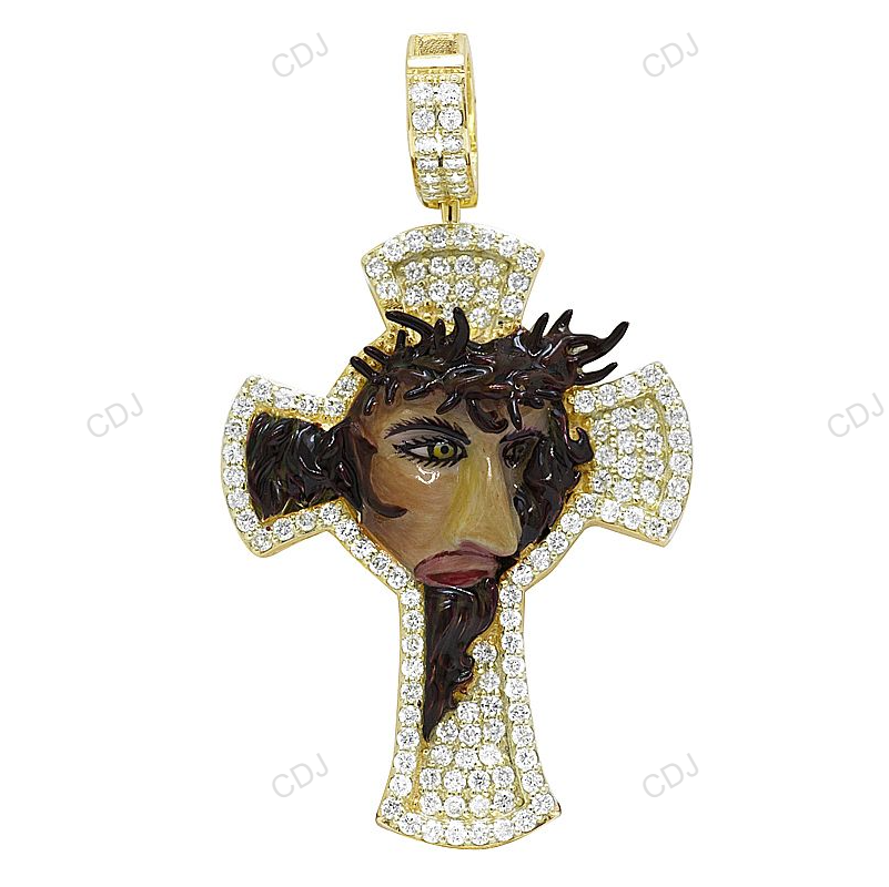 Yellow Gold Enamel Jesus Lab Created Diamond Pendant hip hop jewelry CustomDiamJewel