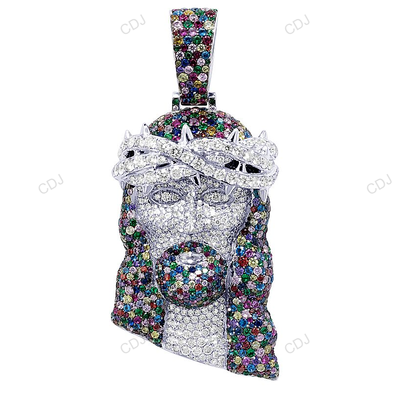 Multi Colored Sapphires White Gold CVD Diamond Jesus Pendant hip hop jewelry CustomDiamJewel