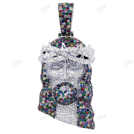 Multi Colored Sapphires White Gold CVD Diamond Jesus Pendant hip hop jewelry CustomDiamJewel