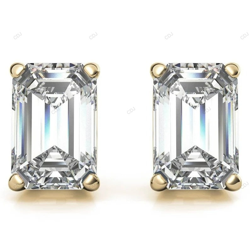 Yellow Gold Emerald Cut Lab Created Diamond Earrings