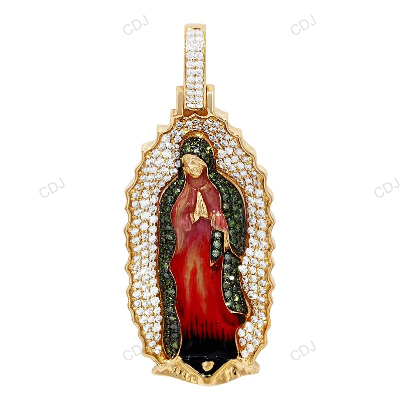 Enamel Mother Mary Lab Grown Diamond Yellow Gold Pendant hip hop jewelry CustomDiamJewel
