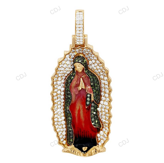 Enamel Mother Mary Lab Grown Diamond Yellow Gold Pendant hip hop jewelry CustomDiamJewel