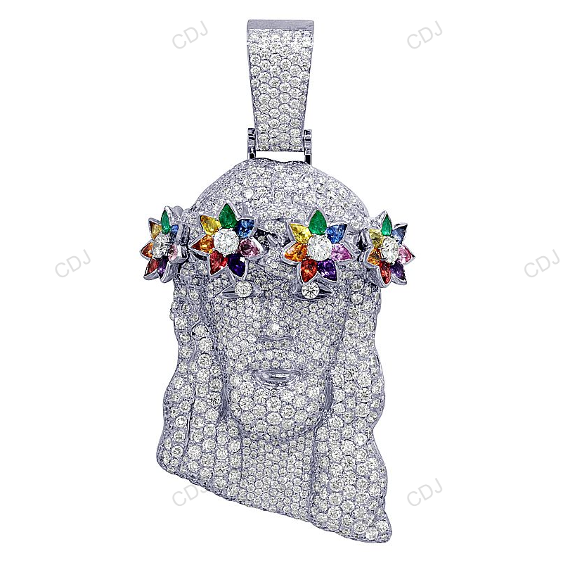Iced Out White Gold CVD Multi Sapphire Diamond Jesus Pendant hip hop jewelry CustomDiamJewel