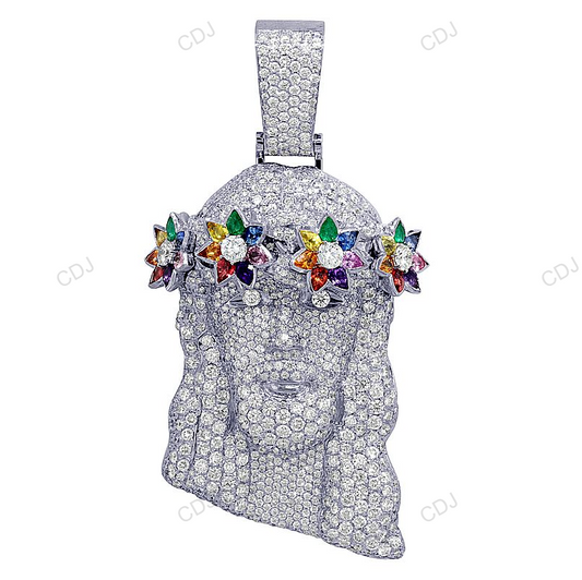 Iced Out White Gold CVD Multi Sapphire Diamond Jesus Pendant hip hop jewelry CustomDiamJewel
