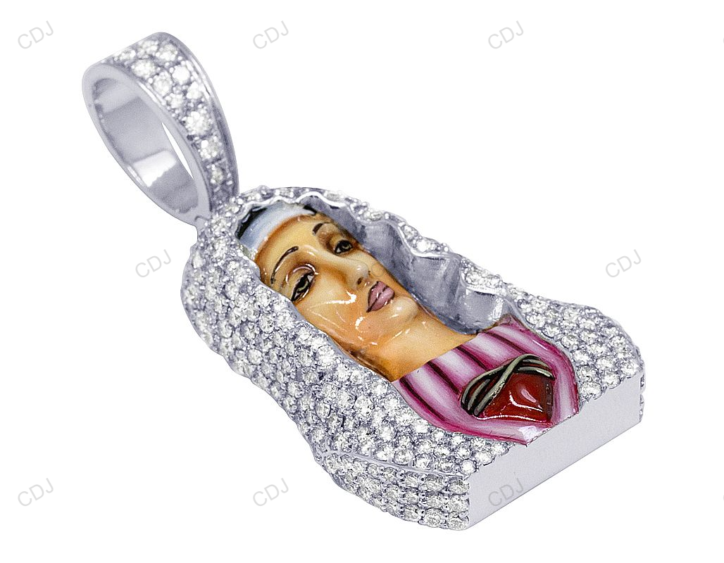 White Gold Enamel Mother Mary Lab Created Diamond Pendant hip hop jewelry CustomDiamJewel