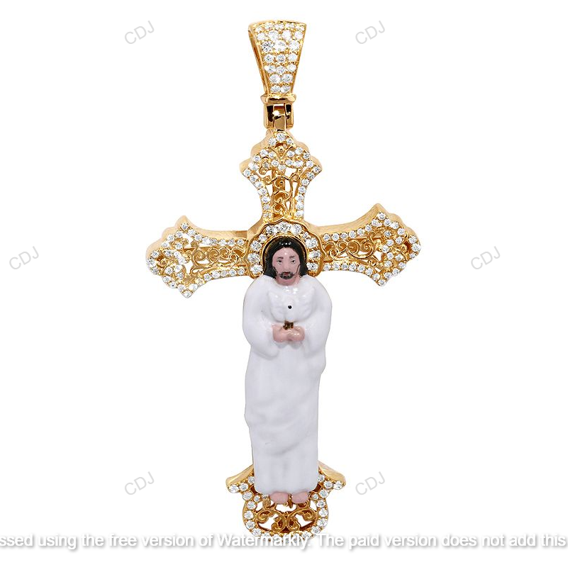 Enamel Cross Jesus CVD Diamond Yellow Gold Pendant hip hop jewelry CustomDiamJewel