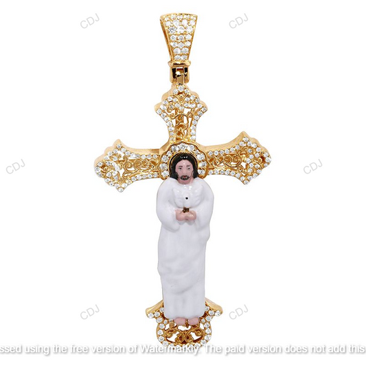 Enamel Cross Jesus CVD Diamond Yellow Gold Pendant hip hop jewelry CustomDiamJewel