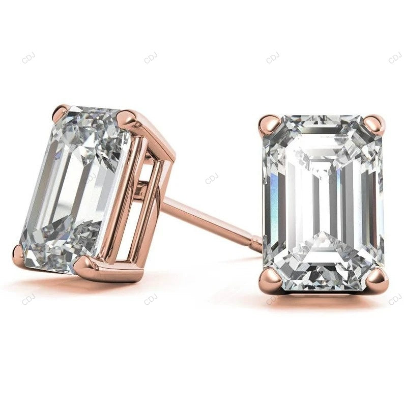 Yellow Gold Emerald Cut Lab Created Diamond Earrings