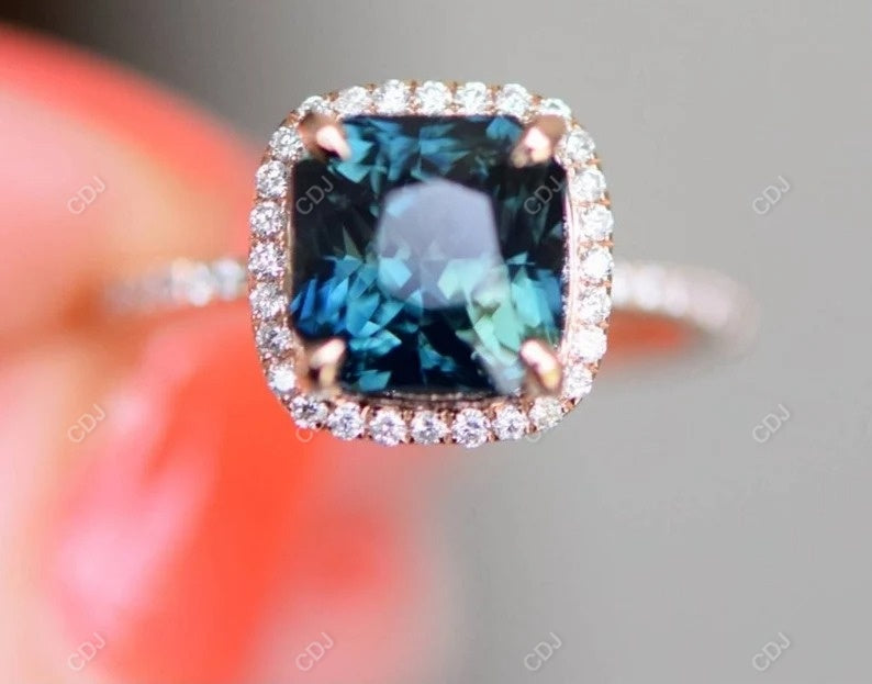 3.56 CTW Cushion Cut Blue Moissanite Halo Engagement Ring