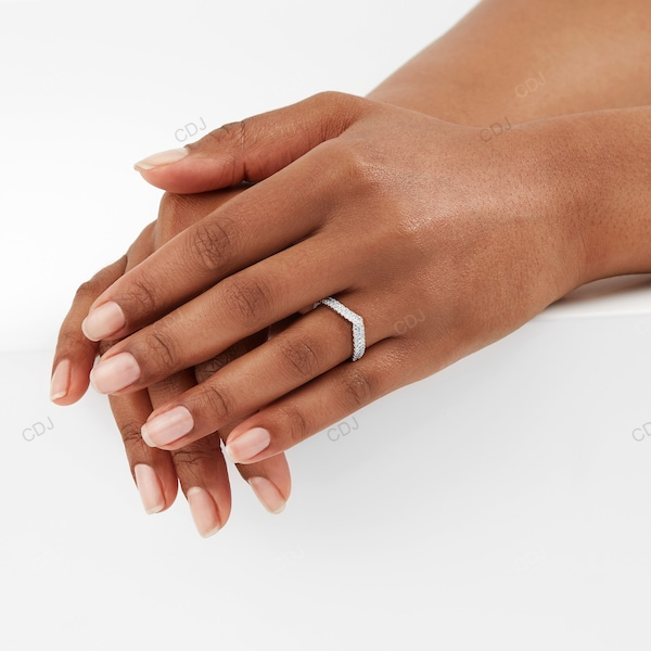 Two Row Chevron Shape White Gold CVD Diamond Wedding Band