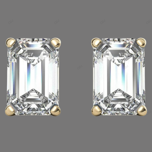 Yellow Gold Emerald Cut Lab Created Diamond Earrings