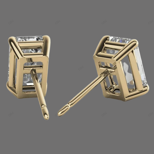 Yellow Gold Emerald Cut Lab Created Diamond Earrings