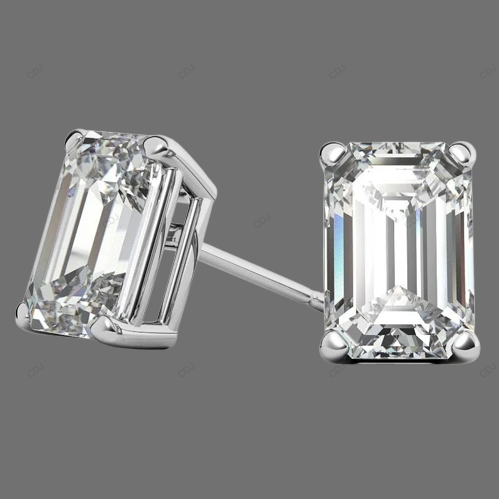 Yellow Gold Emerald Cut Lab Created Diamond Earrings