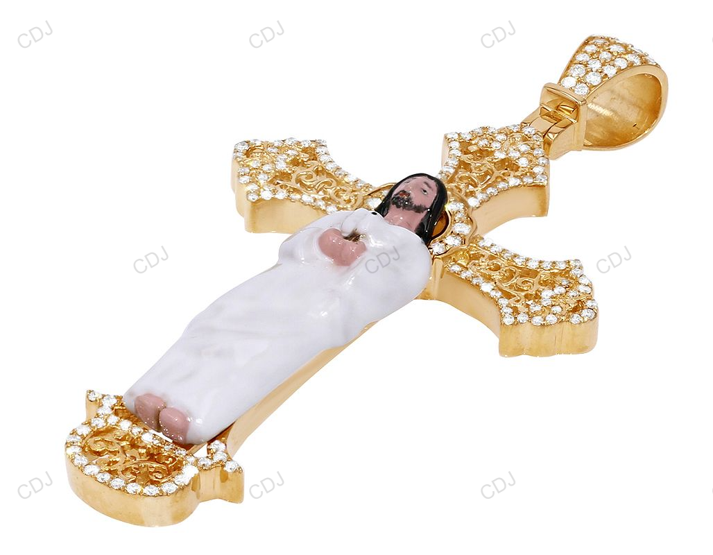 Enamel Cross Jesus CVD Diamond Yellow Gold Pendant hip hop jewelry CustomDiamJewel