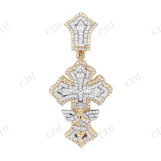 Sterling Silver Moissanite Two Tone Angel Cross Diamond Pendant Hip Hop Pendent CustomDiamJewel