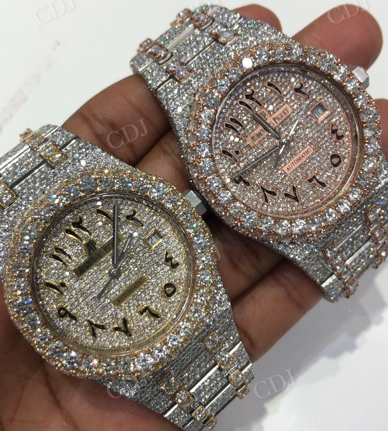 Hip Hop Customized Rose Yellow White Arabic Dial Lab Diamond Watch customdiamjewel