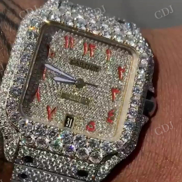 Fully White Iced Out Red Arabic Dial Cartier Santos Moissanite VVS Watch customdiamjewel